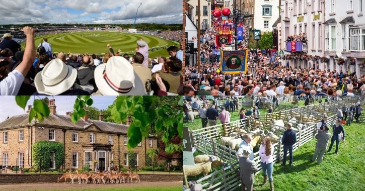 photo collage of crowd watching Durham cricket match, Durham Miners Gala street parade, whitworth hall hotel with deer outside and wolsingsham show 
